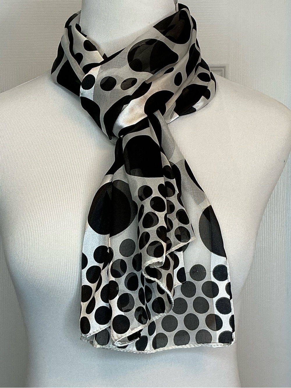 2041 - Black and White Polka Dot Silk Scarf - Picture 2 of 5